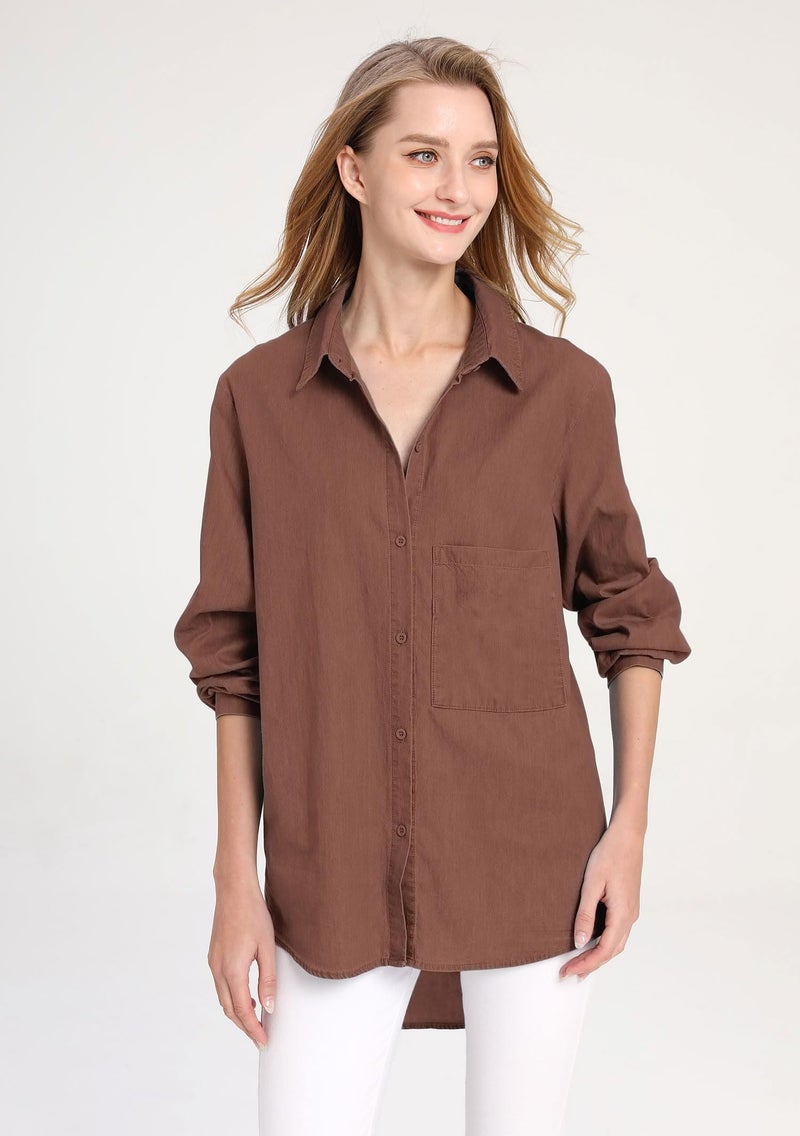 Minibee Women's Casual Cotton Linen Blouse Plus Size High Low Shirt Long Sleeve Tops Coffee - Image 2